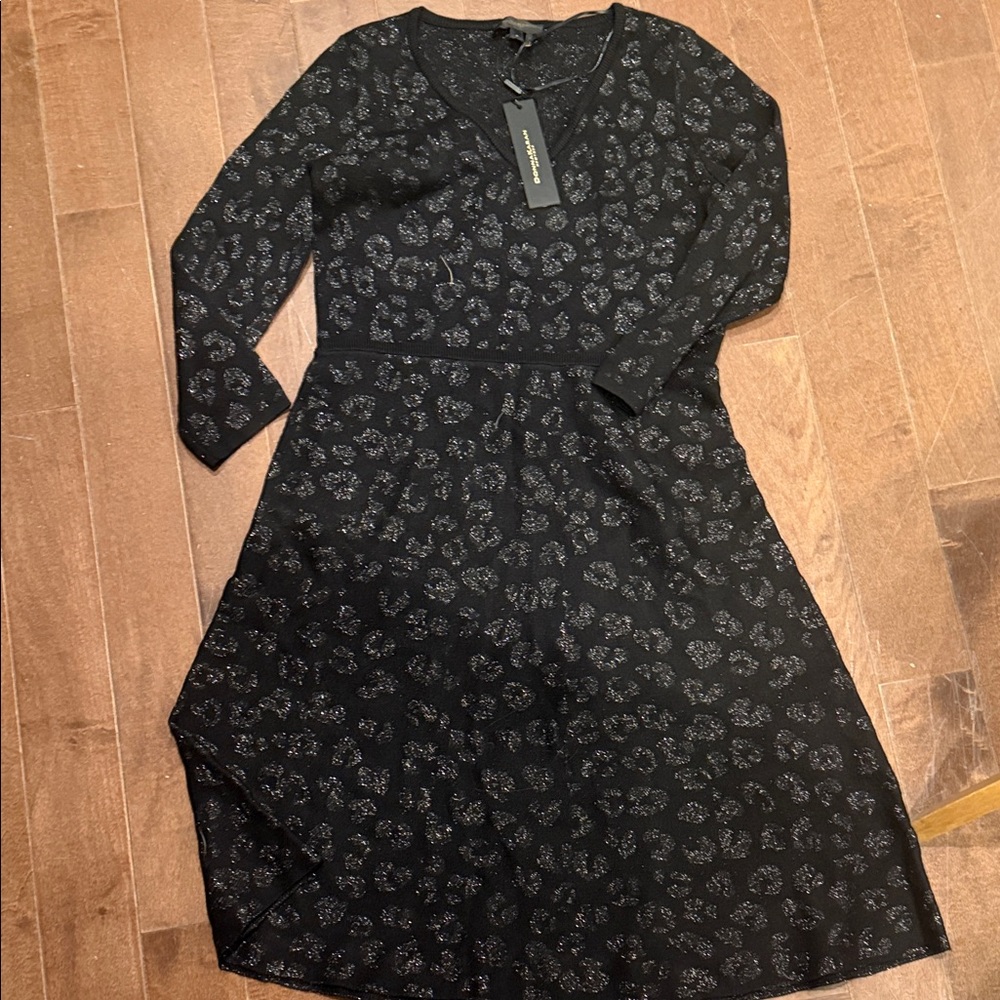 Donna Karan Black Long Sleeve Dress with Silver Floral Sparkle size small